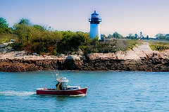 Lobsterboat Passes by Ten Pound Island Light - Hazy Look